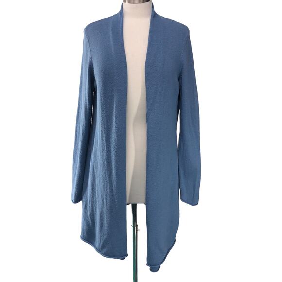 Chicos Size 1 US 8 M Open Front Cardigan Sweater Blue Cotton Blend TINY FLAW - Picture 10 of 16